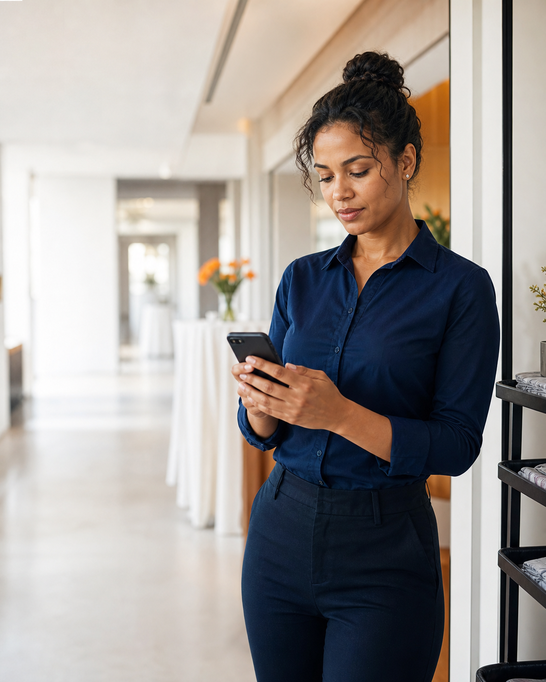 Profissional consulta o celular em um espaço de eventos